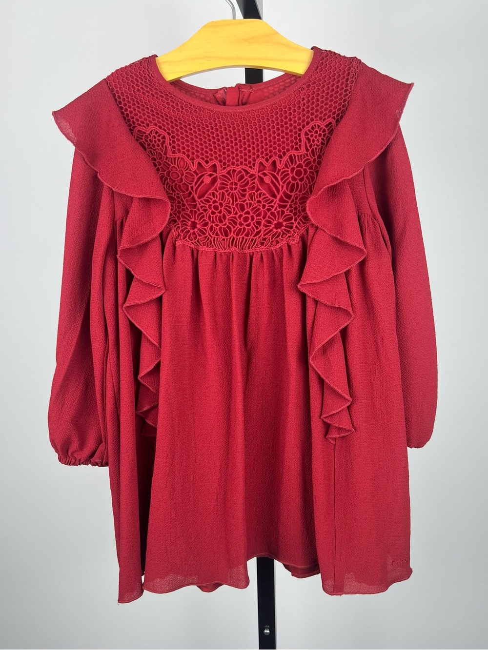 Chloe Girls Crepe Ruffle Lace Dress, Burgundy, Size 6